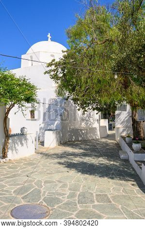 Folegandros, Greece - September 23, 2020: Traditional Greek Whitewashed Church In Charming Chora, Th