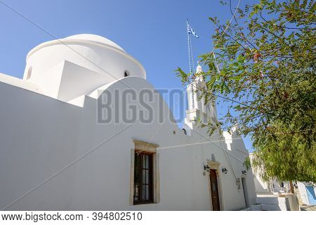Folegandros, Greece - September 23, 2020: Traditional Greek Whitewashed Church In Charming Chora, Th