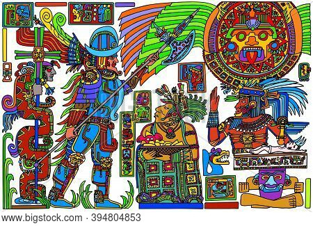 Colorful Illustration Of Spanish Conquistador Meeting Pre-columbian Native American People, In Comic