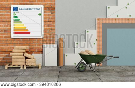 Polystyrene Insulation Panels On Brick Wall To Improve The Thermal Performance Of An Old House - 3d 