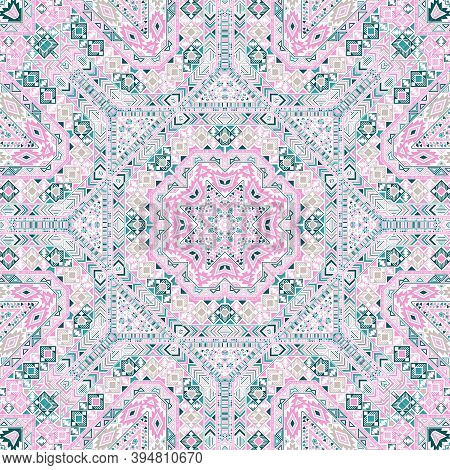 Organic Seamless Ornament Of Simple Geometry Shapes Composition. Ethnic Tribal Design. Mosaic Print.