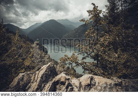 Beautiful Mountain Landscape With Clouds At Lake Ritsa