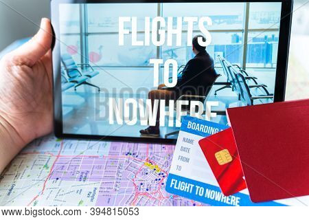 Online Ordering, Buying Tickets In Tablet For Flight To Nowhere. Special Travel, Round Trip During C