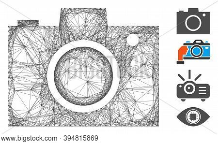 Vector Wire Frame Camera. Geometric Wire Frame Flat Net Generated With Camera Icon, Designed With In