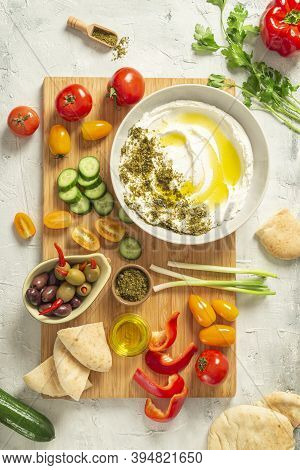 Popular Middle Eastern Appetizer Labneh Or Labaneh, Soft White Goat Milk Cheese With Olive Oil, Hyss