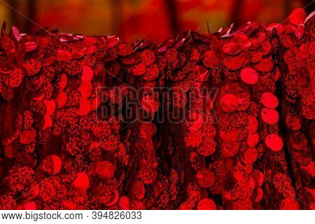 Red Sequins Pattern. Sparkling Sequins Background. Red Sequin Fabric For Background. Rectangular Red