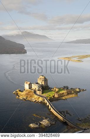 Eilean Donan Castle Aerial View From Above At Sunrise