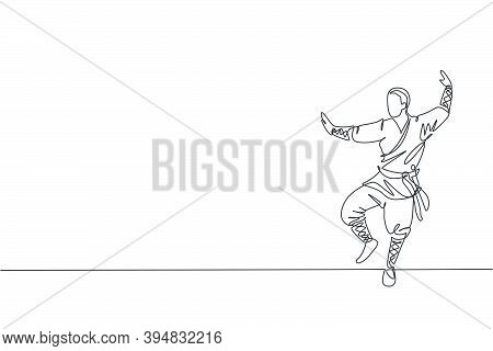 One Single Line Drawing Young Energetic Shaolin Monk Man Exercise Kung Fu Fighting At Temple Vector 