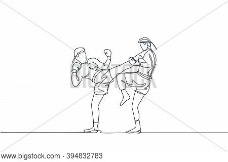 One Single Line Drawing Of Two Young Energetic Muay Thai Fighter Men Train To Duel At Gym Fitness Ce