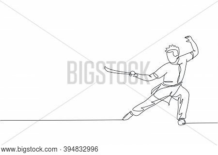 One Continuous Line Drawing Of Young Wushu Master Man, Kung Fu Warrior In Kimono With Sword On Train