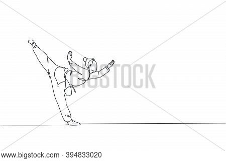One Single Line Drawing Of Young Woman On Kimono Exercise Wushu And Kung Fu Stance Balance Technique