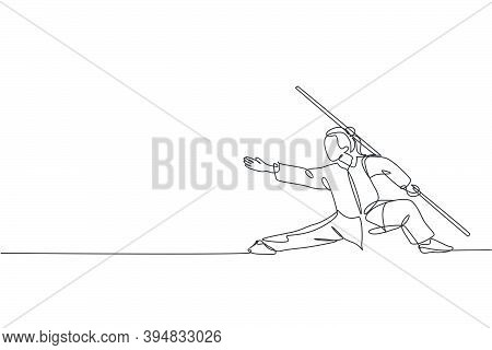 One Continuous Line Drawing Of Young Wushu Master Woman, Kung Fu Warrior In Kimono With Long Staff O