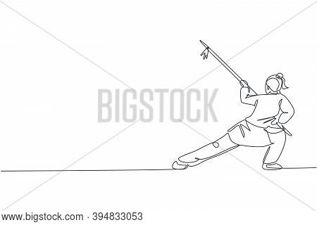 One Single Line Drawing Of Young Woman On Kimono Exercise Wushu Martial Art, Kung Fu Technique With 