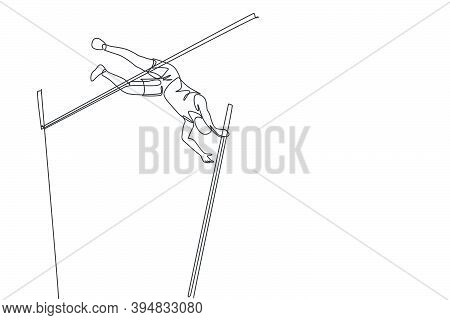 One Continuous Line Drawing Of Young Sporty Man Practicing To Pass Pole Vault Bar In The Field. Heal
