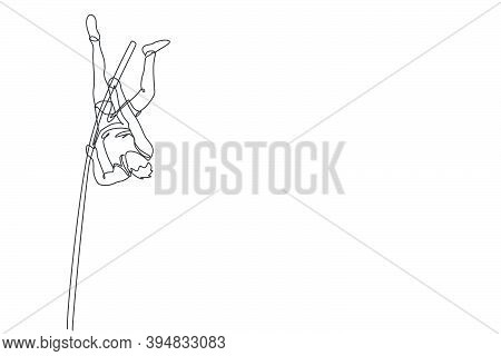 Single Continuous Line Drawing Of Young Sportive Man Training Pole Vault Jump Vertically In The Fiel
