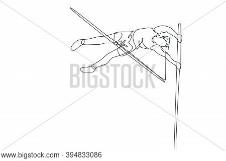 One Single Line Drawing Of Young Energetic Woman Exercise To Pass The Bar On Pole Vault Game Vector 