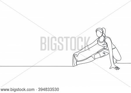 One Continuous Line Drawing Of Young Sporty Woman Working Out Stretching Pull Toes Leg In Fitness Gy