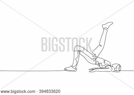 One Single Line Drawing Of Young Energetic Woman Exercise Lying And Raise Her Leg Up High In Gym Fit