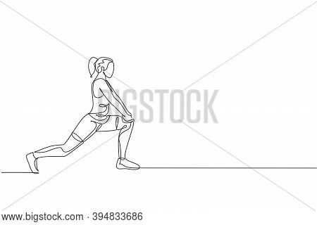 One Single Line Drawing Young Energetic Woman Exercise Stretching With Lank Pose In Gym Fitness Cent
