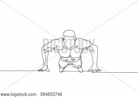 Single Continuous Line Drawing Of Young Sportive Man Training Push Up In Sport Gymnasium Club Center
