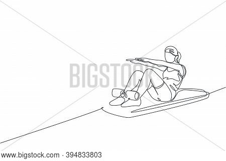 One Single Line Drawing Of Young Energetic Woman Exercise Lying And Sit Up On Mattress In Gym Fitnes