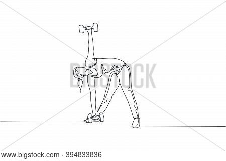 One Continuous Line Drawing Of Young Woman Training. Side Lunge Windmill Pose In Fitness Training Gy