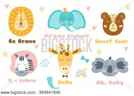 Safari Animal Heads Set Baby Animal Head Cute Animals Ant Text. Zebra, Bear, Koala, Lion, Elephant, 