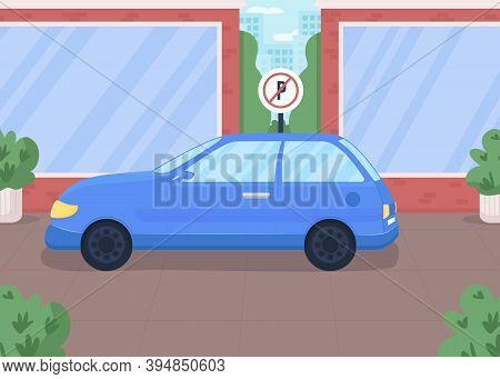 Car In Forbidden Parking Zone Flat Color Vector Illustration. Road Sign For Safety Regulation. Restr