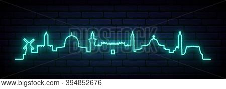 Blue Neon Skyline Of Jerusalem. Bright Jerusalem City Long Banner. Vector Illustration.