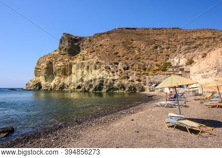 Santorini, Greece - September 16, 2020: Kambia Beach Located At The South West Coast Of Santorini, I