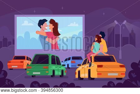 Car Cinema Romantic Movie Theater And Couple Watching Movie In Car, Cartoon Background. Drive Cinema
