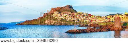 Picturesque View Of Medieval Town Of Castelsardo. Cityscape Of Castelsardo At Sunset.  Location: Cas