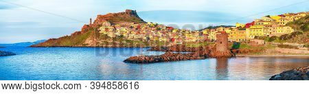 Astonishing View Of Medieval Town Of Castelsardo. Cityscape Of Castelsardo At Sunset.  Location: Cas
