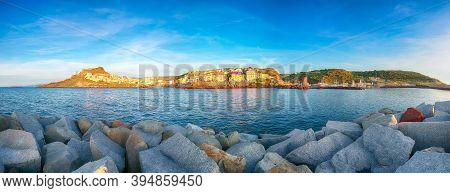 Picturesque View Of Medieval Town Of Castelsardo. Cityscape Of Castelsardo At Sunset.  Location: Cas