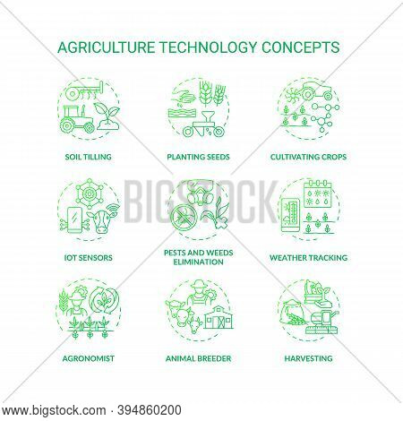 Agriculture Technology Concept Icons Set. Soil Tilling Technology. Planting Plants Seeds On Fields. 