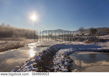 Beautiful Sunny Winter Landscape At Caucasus Mountains.
