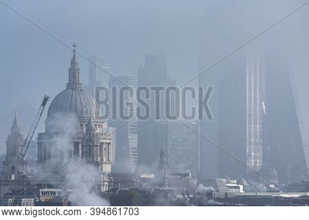 Beautiful Sunrise Landscape Image Of Fog Above London City Landmarks With Besutiful Soft Light On Sk