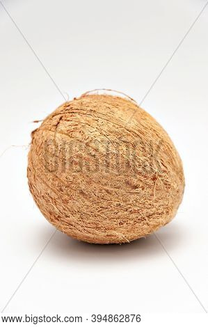 Healthy Food - Whole Coconut In Close-up With Copy Space. Isolated On White Background. Vertical Sho