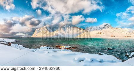 Stunning Winter View Of Vik Beach During Sunset With Lots Of Snow  And Snowy  Mountain Peaks Near Le