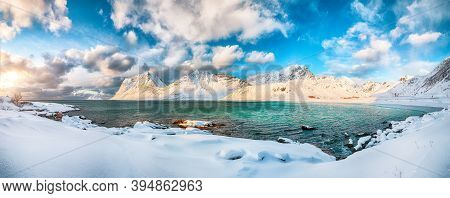 Fantastic Winter View Of Vik And Haukland Beaches During Sunset With Lots Of Snow  And Snowy  Mounta