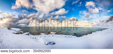 Fantastic Winter View Of Vik And Haukland Beaches During Sunset With Lots Of Snow  And Snowy  Mounta