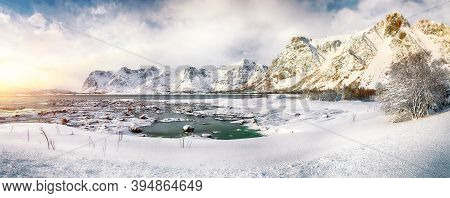 Winter Scenery With Frozen Fjord On Vestvagoy Island With Snowy  Mountain Peaks Near Valberg .  Loca
