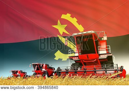 Industrial 3d Illustration Of Red Wheat Agricultural Combine Harvester On Field With Angola Flag Bac