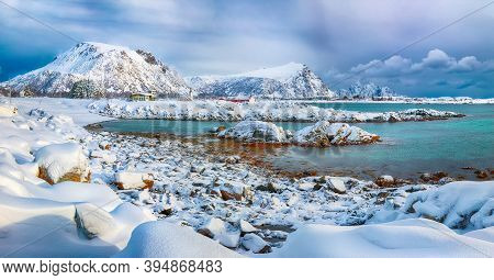 Fabulous Snowy Winter Scene Of  Valberg Village With Snowy  Mountain Peaks On Lofoten Islands.  Loca