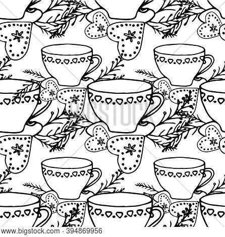 Cup Of Tea Fir Tree Cookie Heart Shape Seamless Pattern Winter Holiday Hand Drawn Ink Art Design Ele