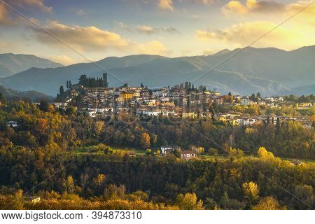Barga Medieval Village At Sunset In Autumn. Garfagnana, Tuscany, Italy Europe
