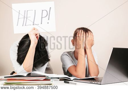 Learning Difficulties, Remote Education, Online Learning And Working At Home. Tired Mother And Sad K