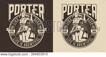 Beer Vintage Monochrome Print With Attractive Woman Sitting On Metal Keg And Holding Mug Of Foamy Fr