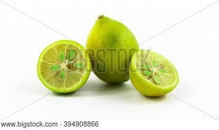 Composition Small Limequat Cut Citrus Banner Photo On White Isolated Background