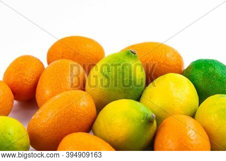 Ripe Fresh Small Citrus Kumquat And Limequat On White Isolated Background